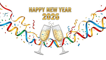 Fototapeta premium Celebrating New Year 2026 with champagne and colorful confetti streamers.