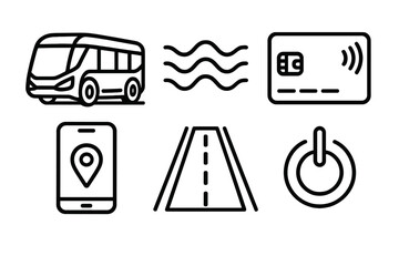 Futuristic Transit Icons. Future Transit Systems linear icon set: futuristic bus, energy wave, smart card, app icon, road lines, power icon