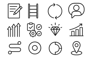 Training Icon Set. Training Methodologies Set linear icon set: practice sheet, structured ladder, learning loop, instructor bubble, training arrows, task icons, clarity symbol