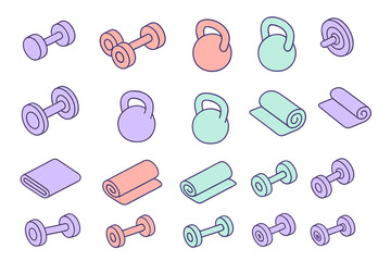 Fototapeta premium Colorful collection of exercise equipment including dumbbells, kettlebells, and mats arranged in a pattern