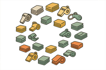 Collection of colorful sports equipment and items arranged in a circular pattern on a white background