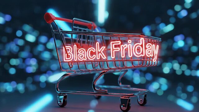 Neon sign with black friday text inside a shopping cart against a futuristic blue bokeh background representing online sale concept