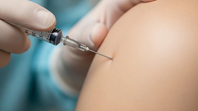 Close up of syringe needle entering arm muscle during vaccination process with focus on needle and gloved hand