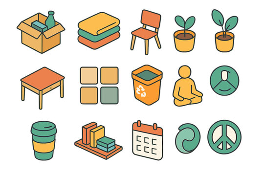 Minimalist Living Icons. Minimalist Living flat icons set. declutter box, folded clothes, simple chair, plant pot, clean desk, neutral palette, recycling bin, mindfulness icon