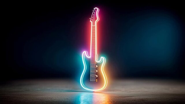 Neon electric guitar glowing in center spotlight, dramatic loop animation for 4k music video scene