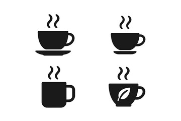 Different styles of steaming coffee cups shown in minimalist black and white design suitable for modern cafe decor