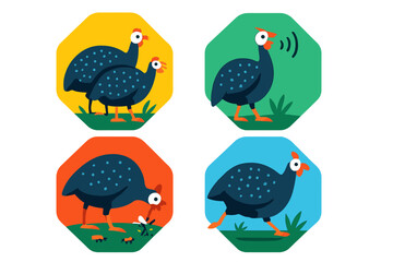 Colorful illustrated guineafowl engaging in various activities in a vibrant setting