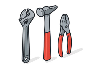 Set of three essential hand tools including a wrench, hammer, and pliers for home repairs and maintenance projects
