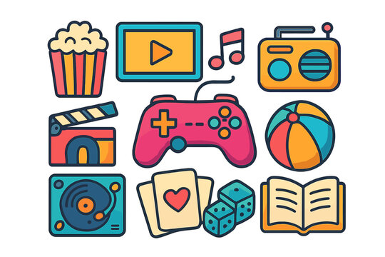 Colorful collection of entertainment icons featuring games, music, and leisure activities for all ages