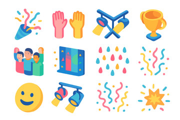 Triumphant Victory Icons. Victory Moment flat icons set. confetti explosion, raised hands, stage lights, trophy cup, team celebration, glowing backdrop, colorful rain, wide smiles