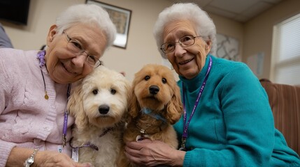 Seniors enjoy joyful moments with therapy dogs in a community center
