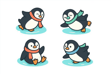 Cute playful penguins sliding and swimming on icy water in colorful scarves at a winter scene