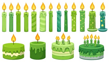 Vibrant Green Birthday Candles and Cakes Collection for Festive Celebrations.