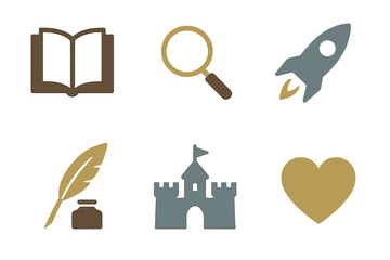 Symbols of creativity and exploration featuring an open book, a magnifying glass, a rocket, and more