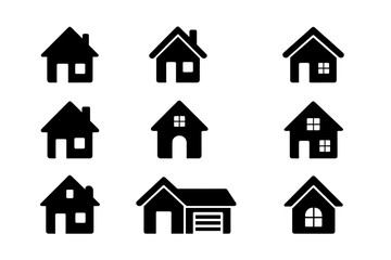 Various simple house icons in black and white, showcasing different designs for home representation