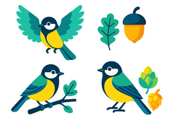 Colorful cartoon birds surrounded by nature elements in a playful design