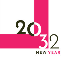A clean and modern New Year 2032 artwork with bold black typography and a simple geometric layout. Perfect for greeting cards, banners, posters, digital content, and festive graphic projects.