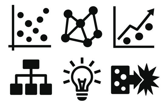 Brutalist Icon Set. Pattern Discovery silhouette icon set. scatter plot, connection nodes, trend line, decision tree, insight bulb, feature extraction icon.