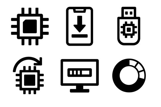 Firmware Update Icons. Firmware Updates silhouette icon set. motherboard chip, device flashing icon, USB firmware install, hardware update arrow, BIOS screen, progress indicator.