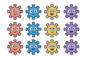 Colorful cartoon virus characters with smiles showcasing different shades and expressions in a playful design