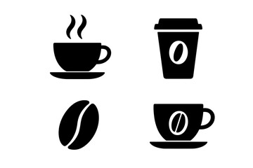 Coffee cup designs featuring steaming cup, takeaway cup, coffee bean, and decorative elements for a cozy cafe atmosphere