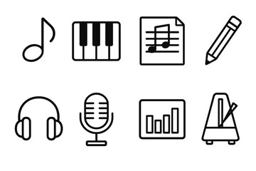 Music Icons Collection. Creative Process linear icon set. musical note, piano keys, sheet music, pencil, headphones, microphone, rhythm bar, metronome