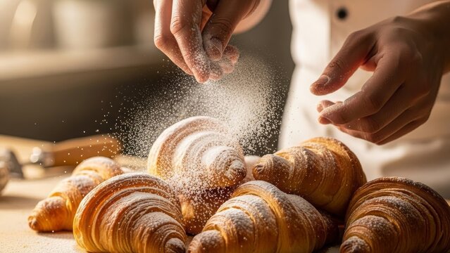 Chef sprinkling powdered sugar over a pile of freshly baked golden brown croissants