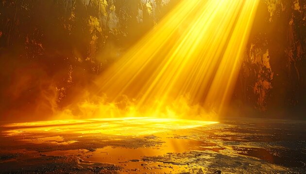 Golden Sunlight Illuminating a Forest Floor with Water Reflections.