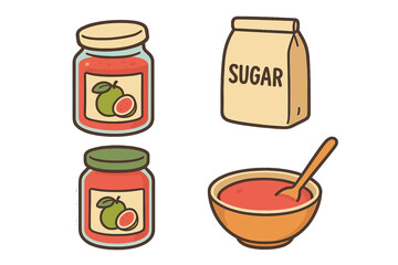 Colorful jars of guava jam, sugar package, and bowl of jam are displayed with a cheerful illustration style in a kitchen setting