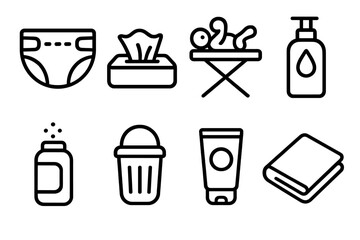 Diaper Changing Essentials. Diaper changing concept linear icon set: diaper, wipes, changing table, lotion, powder, trash bin, baby cream, towel