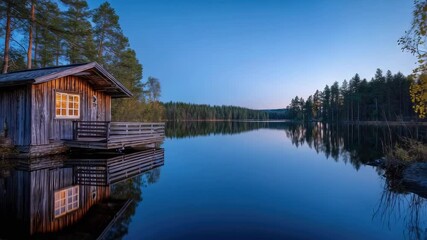 A rustic wooden boathouse by a calm lake, its reflection shimmering in the still water with pine trees lining the shore.