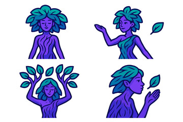 Fantasy character design featuring a nature spirit with vibrant hair and animated poses in a creative, colorful style