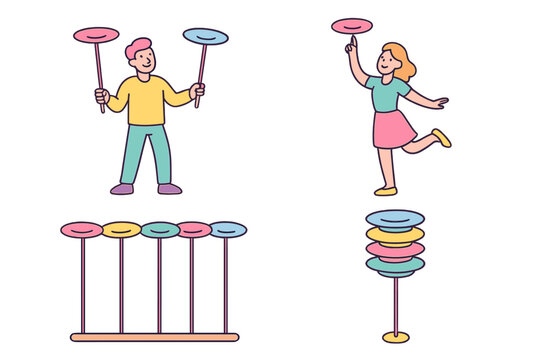 Two performers skillfully juggle colorful plates during a fun circus act in a lively outdoor festival setting