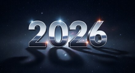 Shiny chrome numbers '2026' cast a shadow on a dark, star-filled background with scattered lights. The futuristic and celebratory display evokes a sense of the future and new beginnings.