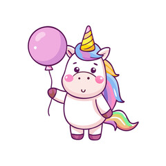 Fototapeta premium Cute Cartoon Unicorn with Balloon .vector icon 