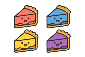 Colorful cartoon slices of pie with smiling faces on a simple background create a cheerful dessert illustration