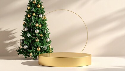 Elegant Christmas tree and golden podium with arch in minimalist studio setting.