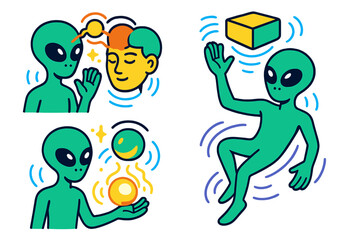 Extraterrestrial beings demonstrating telepathy, energy manipulation, and levitation in a colorful illustration