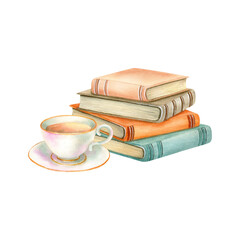 Naklejka premium Stack of books, cup of tea. Porcelain tea set. Literature, pile of textbook for education, old cover, yellowed pages. Encyclopaedia bestseller. Watercolor isolated illustration, home cozy lifestyle