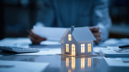House model and documents at desk