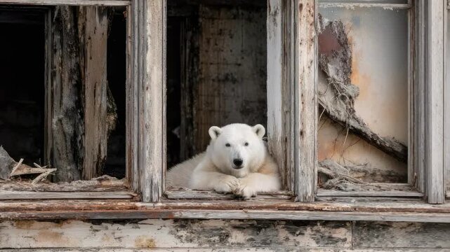 A white polar bear cub peeks out from a broken window in a dilapidated wooden building.