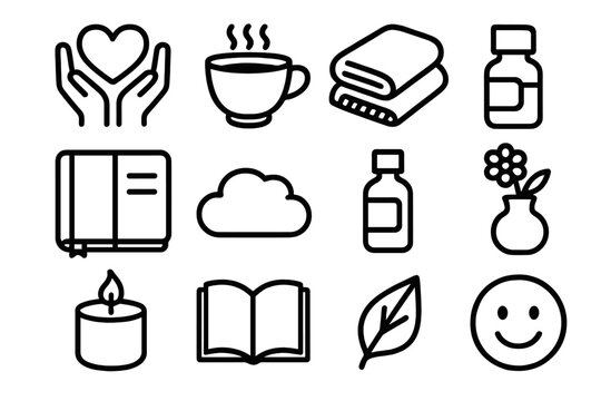 Self-Care Icons Collection. Self-care and recovery linear icon set: heart in hands, tea cup, cozy blanket, journal, candle, essential oil bottle, open book, flower vase, music note