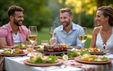 Joyful People Enjoying Outdoor Picnic with Delicious Barbecue, Salad, and Wine - Summer Vacation Concept,Backyard dinner table have a tasty grilled BBQ meat, Salads and wine with happy joyful people