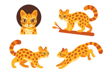 Colorful and playful cartoon representations of a spotted cat character in various poses and expressions