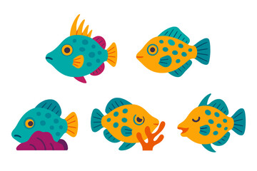 Colorful cartoon fish swimming among vibrant coral in a playful underwater scene