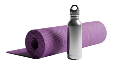 Isolated rolled purple yoga mat and reusable water bottle for fitness and exercise routines on a clean white background