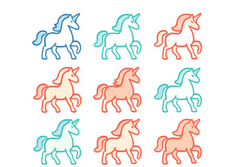Colorful unicorn illustrations in a playful arrangement on a white background