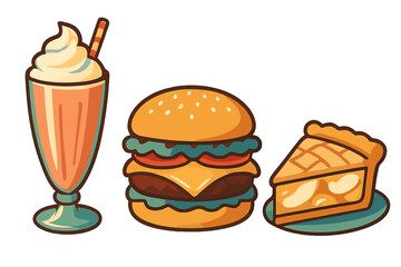 Delicious milkshake, hamburger, and pie displayed on a simple background