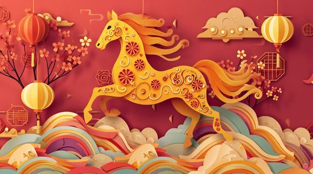 Modern Chinese New Year illustration featuring a golden galloping horse with auspicious cloud and fretwork patterns, blending paper-cut style with geometric composition.Gradient red-to-gold background