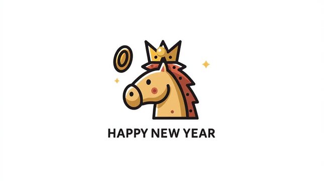 Cute horse head illustration with a crown and falling golden ingot, simple flat vector style with minimal lines, bold color palette, clean white background, &ldquo;Happy New Year&rdquo; text, cartoon-style 
